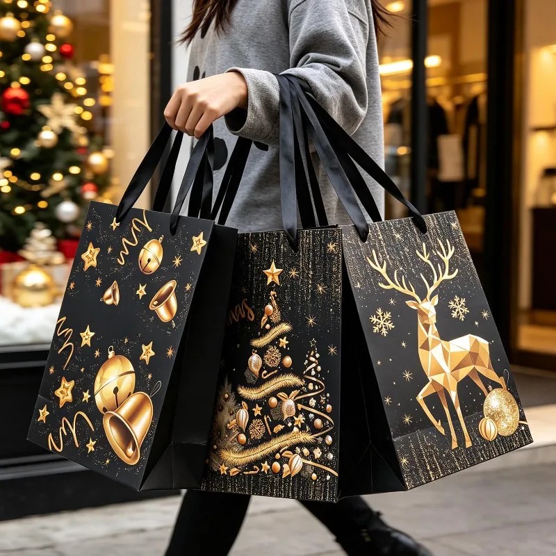 1/5Pcs Tas Hadiah Natal Hitam  - Luxury Xmas Bags ulasan dan harga